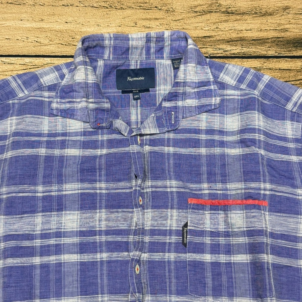 Faconnable Button Down Shirt Men XXL Blue Plaid Linen Blend Short Sleeve Casual